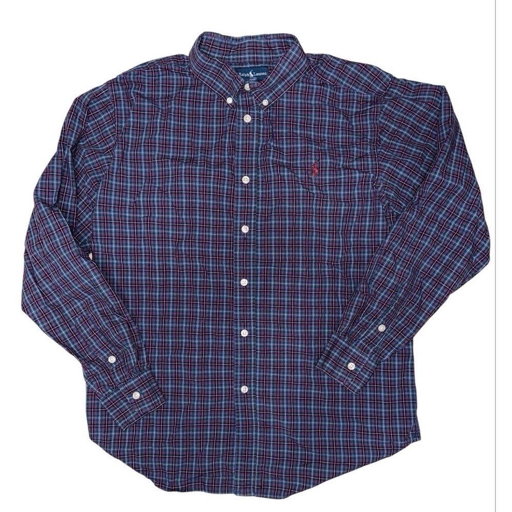 Ralph Lauren Boys Button‑Down Shirt – Size 14/16 – Plaid – Red/Blue